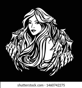 beautiful winged woman with long hair - angel girl black and white vector portrait