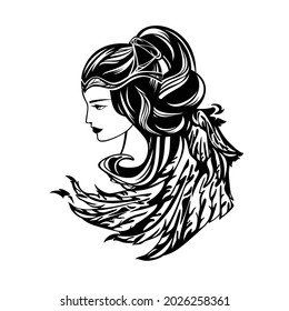 beautiful winged woman with long hair representing angel or goddess - spiritual symbol black and white vector outline portrait