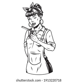 Beautiful winking barber woman with straight razor on white background isolated vector illustration
