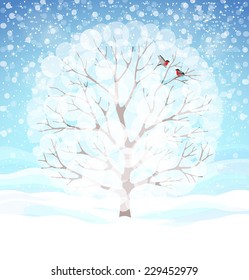 Beautiful winter background with blue skies, snowy tree and two bullfinches