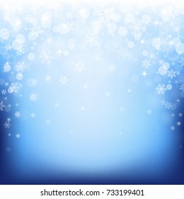 Beautiful winter background with with bokeh lights, stars, sparkles and falling snowflakes. Vector illustration.