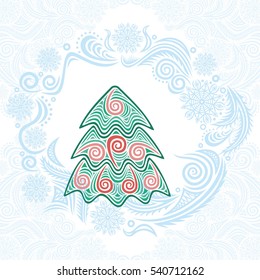 Beautiful winter background and Christmas tree. Vector illustration.