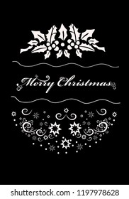 Beautiful winter background with congratulations  Merry Christmas . Design postcard, banner. Convenient for printing.White pattern on a black background.