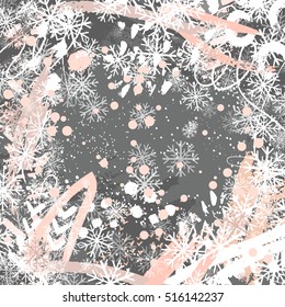 Beautiful winter background with dots, splashes,brush strokes and snowflakes. Greeting card in grey,pink and white colors.