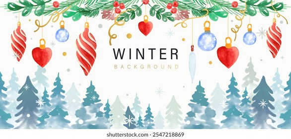 Schöner Winterhintergrund mit Winterwald, Tannenzweigen, Beeren, Konfetti, dekorativem Spielzeug und Schneeflocken im Aquarellstil.