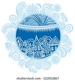 Beautiful winter background with houses. Vector illustration.