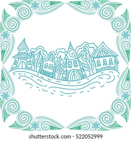 Beautiful winter background with houses. Vector illustration.
