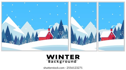 Beautiful winter background illustration featuring snowy mountains, a cozy red cabin, pine trees, and snowfall. Perfect for seasonal, holiday, and winter-themed projects