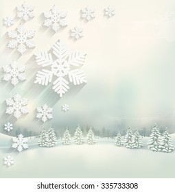 Beautiful winter background with a landscape and a snowflake design. Vector.