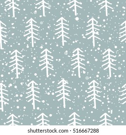 Beautiful winter background. Seamless pattern of graphic christmas trees and snow falling . Winter wrapping paper. Hand drawn vector illustration.