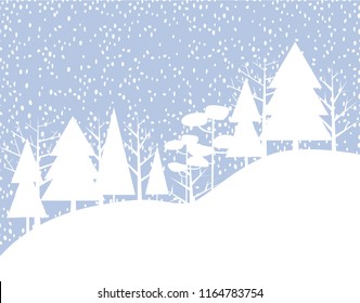 Beautiful winter background with snowflakes and trees. Background for winter, New Year and Christmas with place for text. Hand drawn illustration