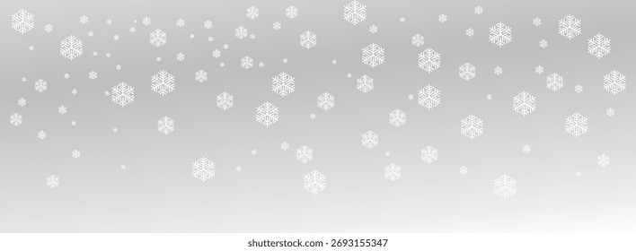 Hermoso fondo de invierno con copos de nieve blancos que caen suavemente en un gradiente gris claro. Perfecto para Navidades, año Nuevo y diseños de felicitación de temporada, Anuncios o decoraciones navideñas de invierno.