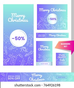 Beautiful winter banners set with shopping theme. Large place for special offers and sales text. Merry Christmas with snow and luxury modern polygonal illustration of shoes - pumps,boots,heels and bag