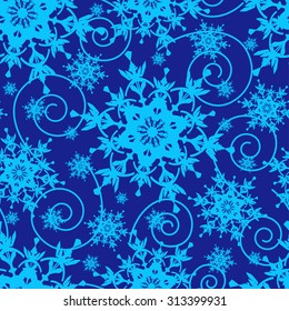 Beautiful winter blue background seamless pattern with ornate stylized snowflakes and swirls. Seasonal bright festive seamless wallpaper for New Year and Christmas. Vector illustration.