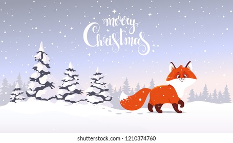 Beautiful winter card with gorgeous fox in forest. Christmas and new year greeting card for your design. Vector illustration