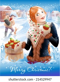 Beautiful winter Christmas card. Funny pretty girl with apples and the guy who plays the accordion on a  background  winter village landscape. Vector illustration.