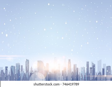 Beautiful Winter City Landscape Skyscraper Buildings In Snow Merry Christmas And Happy New Year Background Flat Vector Illustration