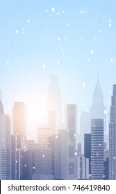 Beautiful Winter City Landscape Skyscraper Buildings In Snow Merry Christmas And Happy New Year Background Vertical Banner Flat Vector Illustration