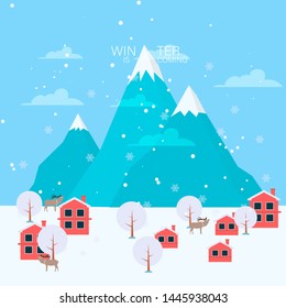 beautiful winter is coming flat landscape vector background.beautiful village with mountain.new year greeting card
