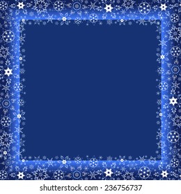 Beautiful winter dark blue frame with white stylized snowflakes. Christmas and New Year celebratory card with place for text. Stylish festive background. Vector illustration