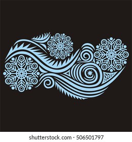Beautiful winter decorative element with snowflakes. For happy new year or merry Christmas card. Vector illustration.