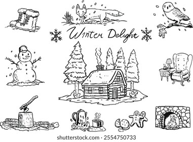 a beautiful winter design elements in hand drawn black and white line art illustration