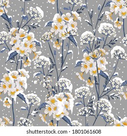 Beautiful winter flower blooming in the snow delicate floral seamless pattern vector EPS10 ,Design for fashion, fabric, textile,web,wallpaper, wrapping and all prints on winter grey background color