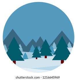 Beautiful winter forest. The night sky and snowdrifts are a natural landscape with trees. Dark mountains in the background. Cartoon flat illustration
