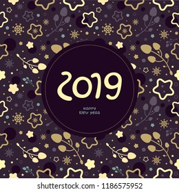 Beautiful winter frame with cute lettering. New year 2019. Template for greeting card and holiday invitation. Elegant christmas texture.