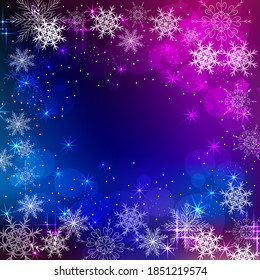 Beautiful winter frame made of snowflakes on violet background.