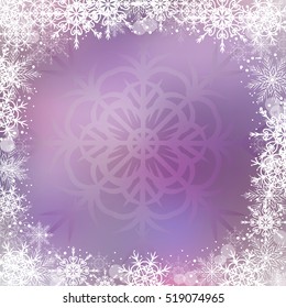 Beautiful winter frame made of snowflakes on violet background.