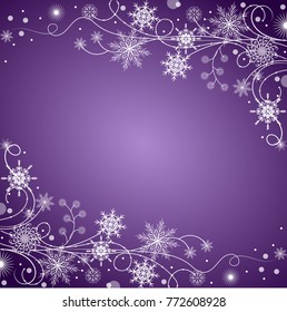 Beautiful winter frame made of snowflakes on violet background.