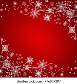 Beautiful winter frame made of snowflakes on red background.