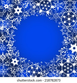 Beautiful winter frame with white stylized snowflakes. Christmas and New Year festive card with place for text. Stylish celebratory background. Vector illustration