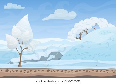 Beautiful winter game style flat landscape background. Christmas forest woods with hills and mountains.