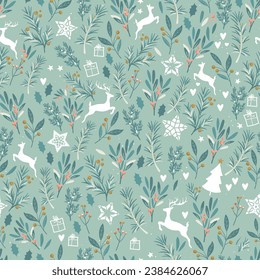 Hermosa vegetación de invierno y patrón sin costura de ciervos - dibujado a mano y detallado, genial para navidad textiles, banners, envolturas, papel pintado - diseño de superficie vectorial