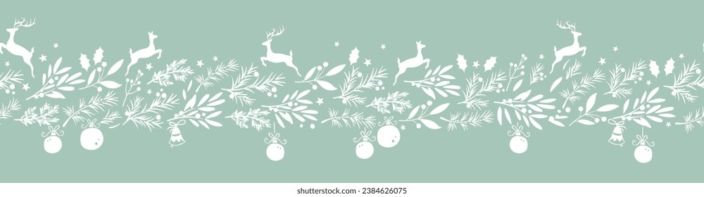 Hermosa vegetación de invierno y patrón sin costura de ciervos - dibujado a mano y detallado, genial para navidad textiles, banners, envolturas, papel pintado - diseño de superficie vectorial