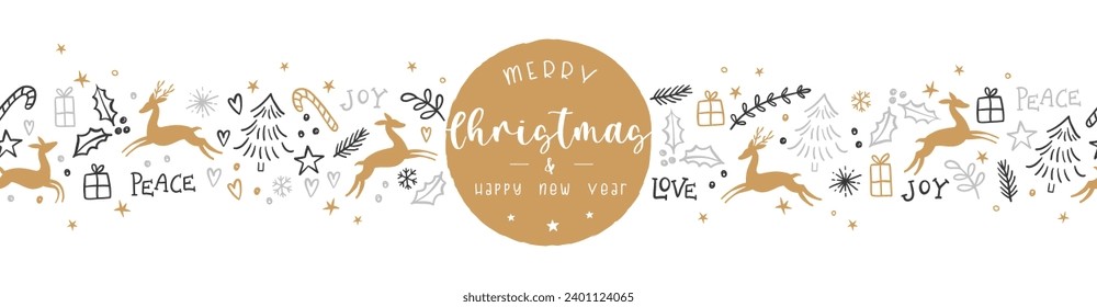 Beautiful winter greenery and deer seamless pattern - hand drawn and detailed, great for christmas textiles, banners, wrappers, wallpapers - vector surface design
