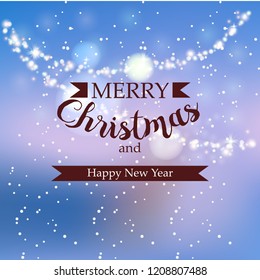 Beautiful winter greeting banner, Merry Christmas and Happy New Year with blurred background, Glowing garland and bokeh effect.