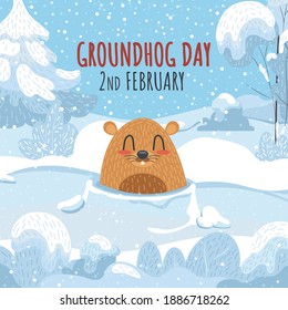 Beautiful winter greeting card with Happy Groundhog Day. Small rodent in a snowy forest. Cute vector illustration.