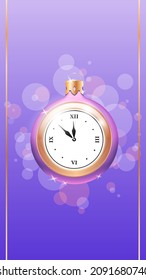 Beautiful winter holiday background for web. Illustration of a Christmas ball decorated with a clock on a violet bokeh backdrop with sparkles. Vector editable template for social networks and stories.