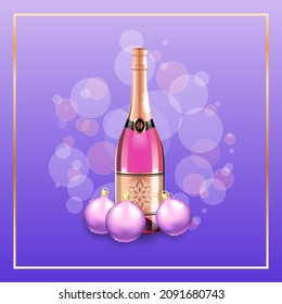Beautiful winter holiday background for web. Illustration of a champagne bottle and christmas balls on a violet bokeh backdrop with sparkles. Editable template for social networks. Vector 10 EPS.