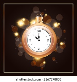 Beautiful winter holiday background for web. Illustration of a Christmas ball decorated with a clock on a dark bokeh backdrop with sparkles. Editable template for social networks or greeting cards. Ve