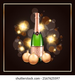 Beautiful winter holiday background for web. Illustration of a champagne bottle and christmas balls on a dark bokeh backdrop with sparkles. Editable template for social networks. Vector 10 EPS.