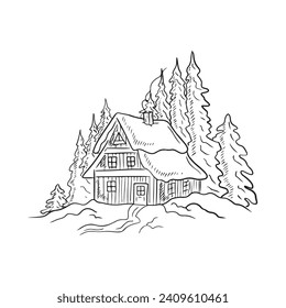 Hermosa casa de invierno en las montañas de los Cárpatos, con pinos y nevadas. Casa mágica de guardabosques cerca de la estación de esquí, casa de campo. Ilustración de boceto vectorial dibujado a mano en vintage de doodle grabado