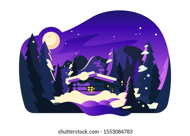 Beautiful winter hut vector illustration. Miracles shed in pine forest with snowy trees flat style design. Moonlight and stars on sky. Xmas holidays concept