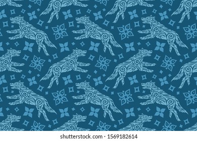 beautiful winter illustration with blue seamless pattern with northern wolf and snowflakes