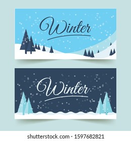 Beautiful winter landscape background in flat design. Winter landscape set for background, card, and banner. Vector illustration 