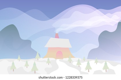 Beautiful winter landscape background. Hut in the mountains. Smoke from the chimney in the winter house. Vector illustration.