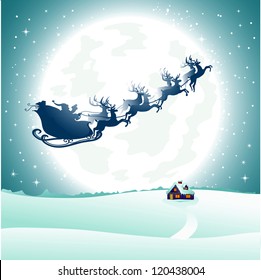 Beautiful Winter Landscape With Background Of Night Sky With A Bright Moon And The Silhouette Of Santa Claus Flying On A Sleigh Pulled By Reindeer. AI EPS 10.